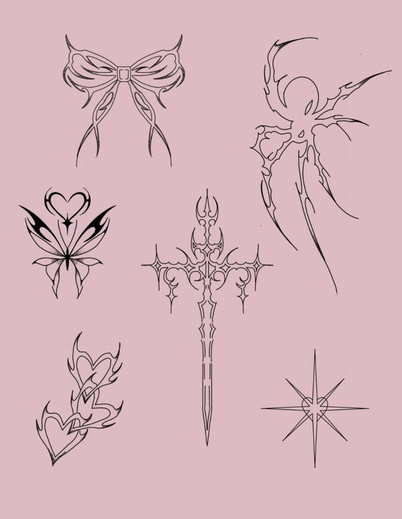 Six black line art tattoo designs featuring a bow, sword, and hearts on pink.