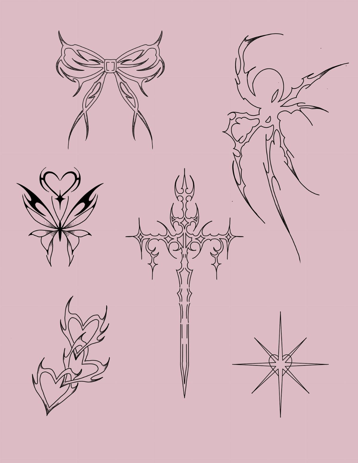 Six black line art tattoo designs featuring a bow, sword, and hearts on pink.