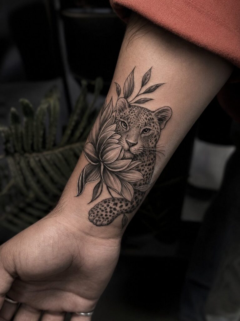 Leopard portrait tattoo with a flower on a person's forearm in black and grey.