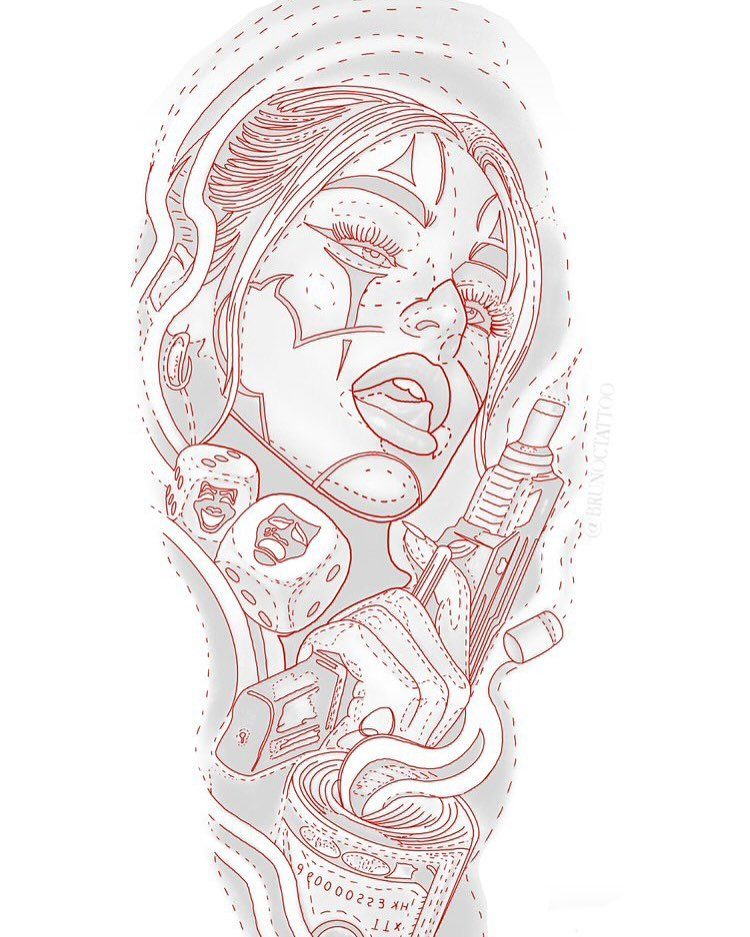 Red line art tattoo design of a woman with clown makeup and dice