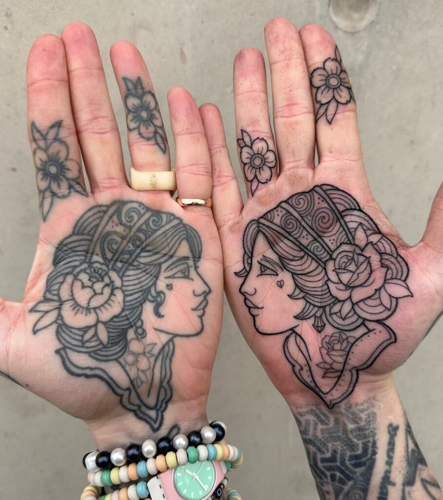 Two open palms with large portrait tattoos and smaller floral finger tattoos.