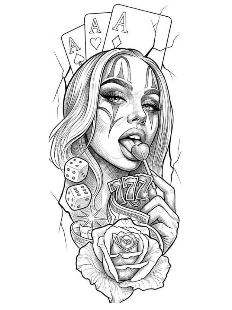 Tattoo stencil drawing of a clown woman with cards, dice, and a rose.