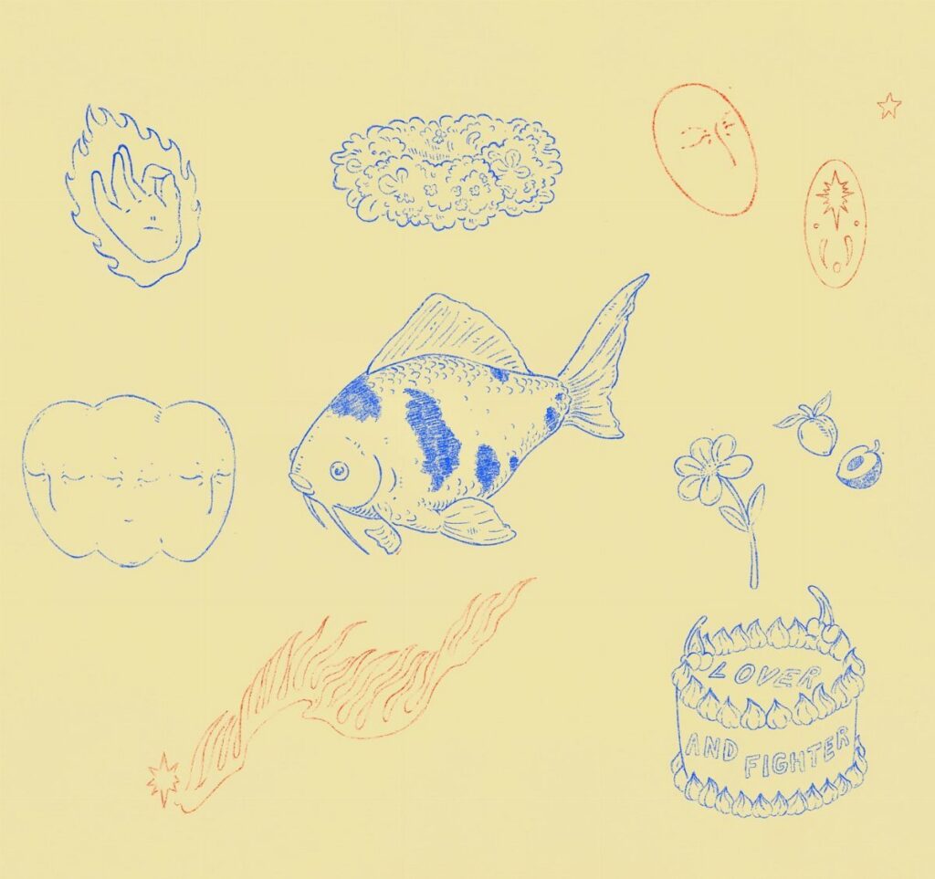 Various blue and red tattoo stencil drawings including a koi fish and flaming hand.