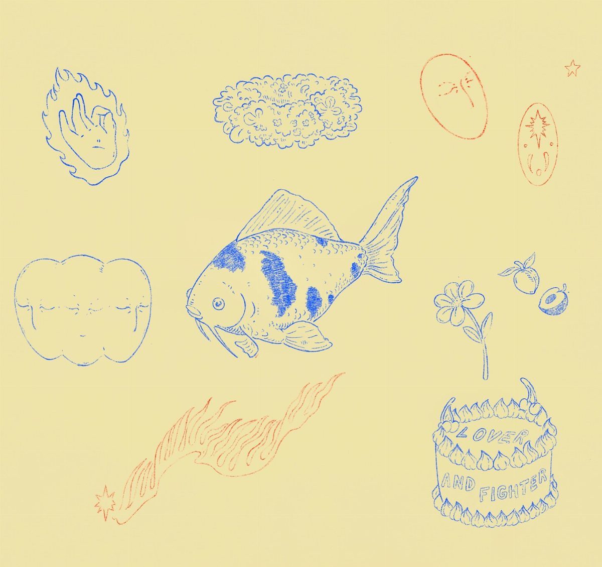 Various blue and red tattoo stencil drawings including a koi fish and flaming hand.