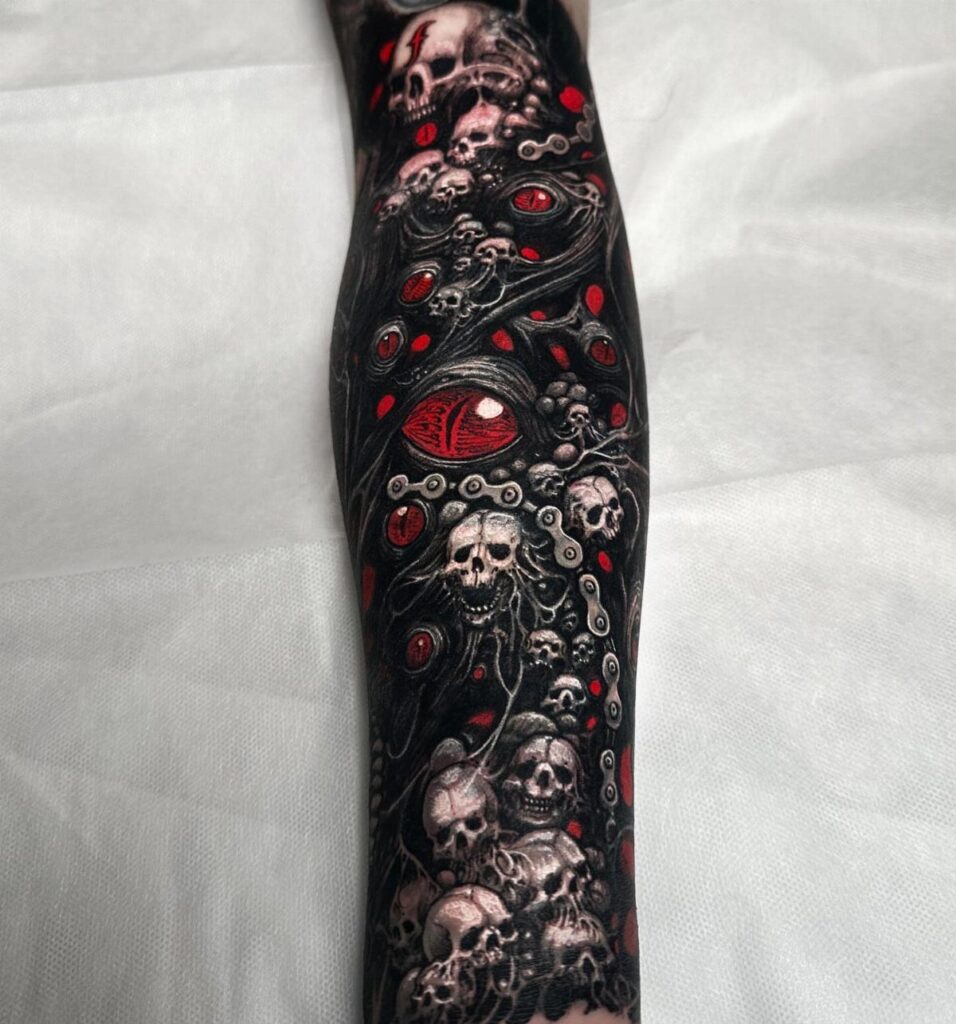 Full sleeve tattoo featuring multiple detailed skulls and red eyes in dark ink.