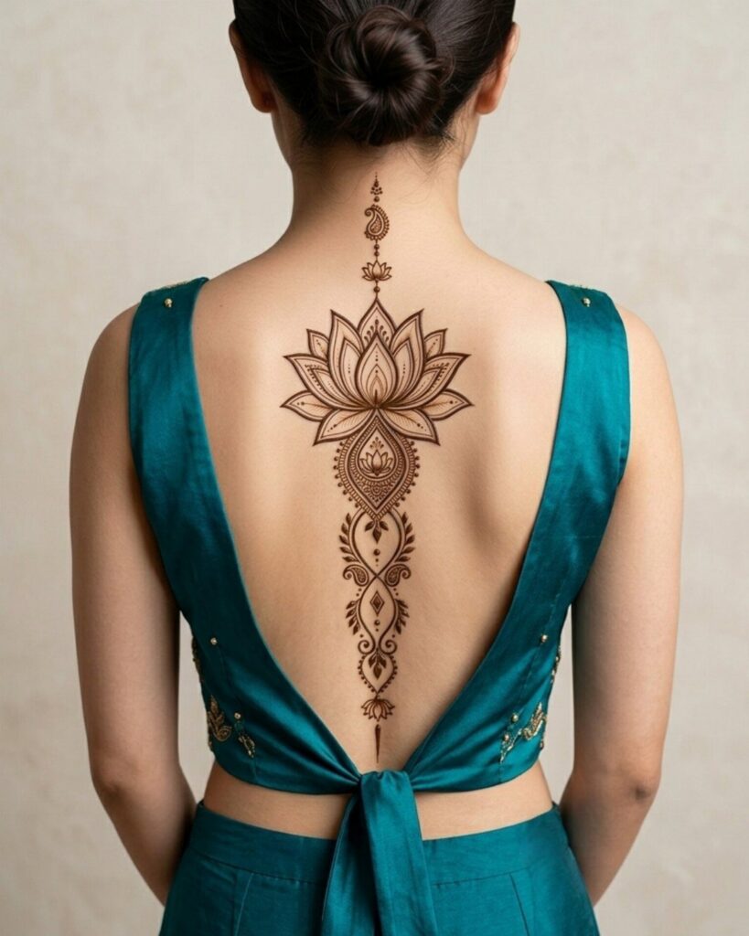 Lotus henna tattoo on a woman's back, featuring intricate brown floral patterns.