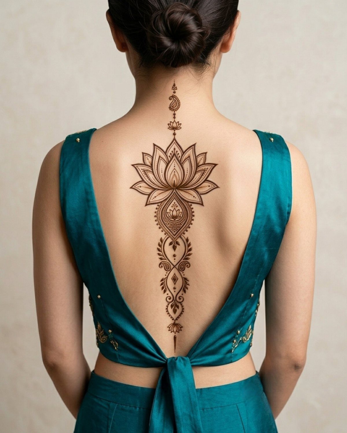 Lotus henna tattoo on a woman's back, featuring intricate brown floral patterns.
