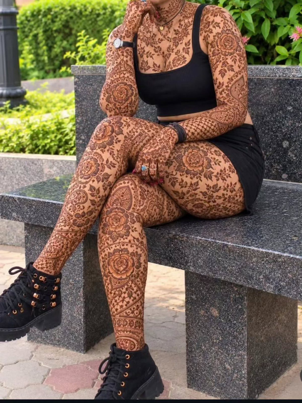Person sitting on a stone bench with intricate brown henna tattoos on body