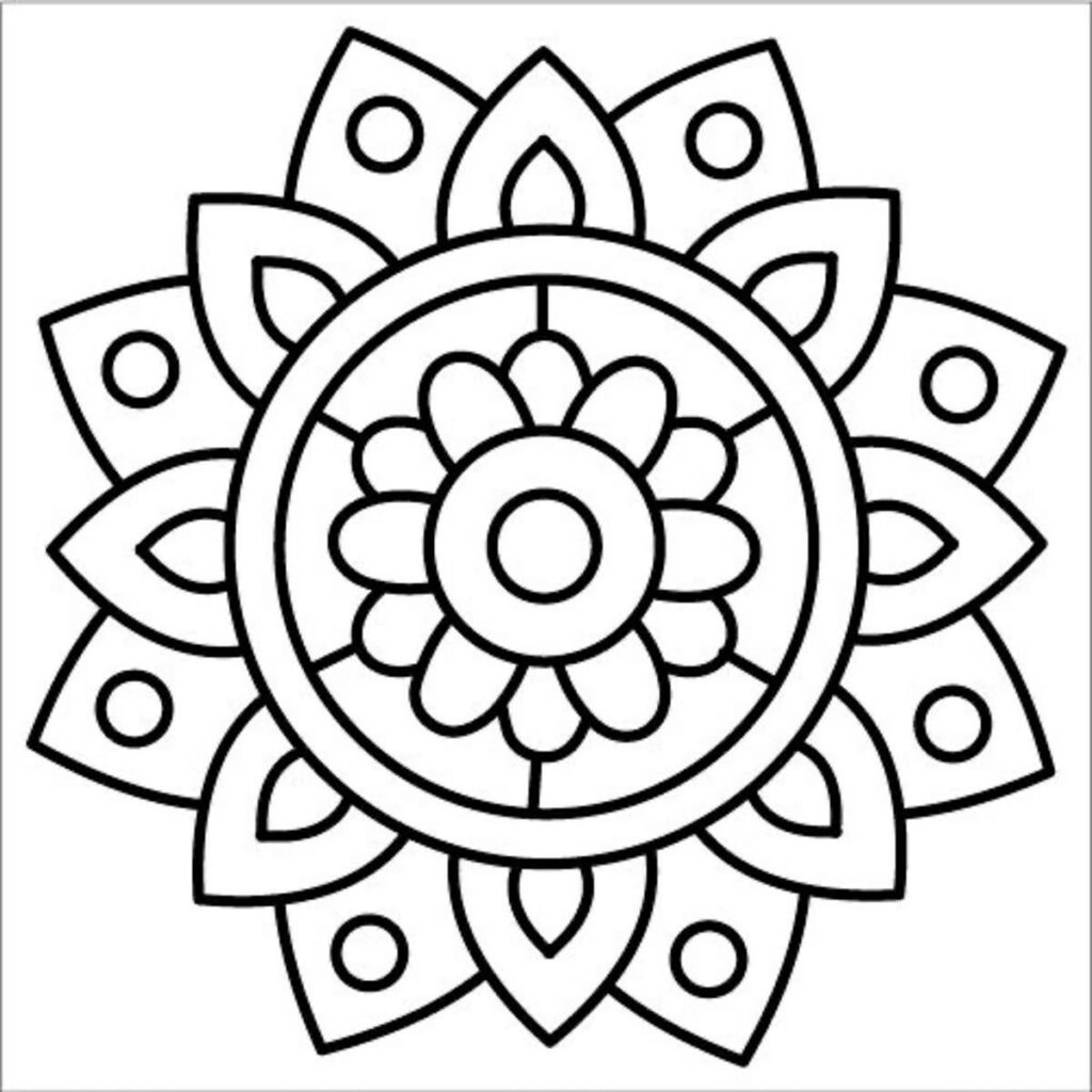 Symmetrical mandala line drawing with floral petals and concentric circles on white background