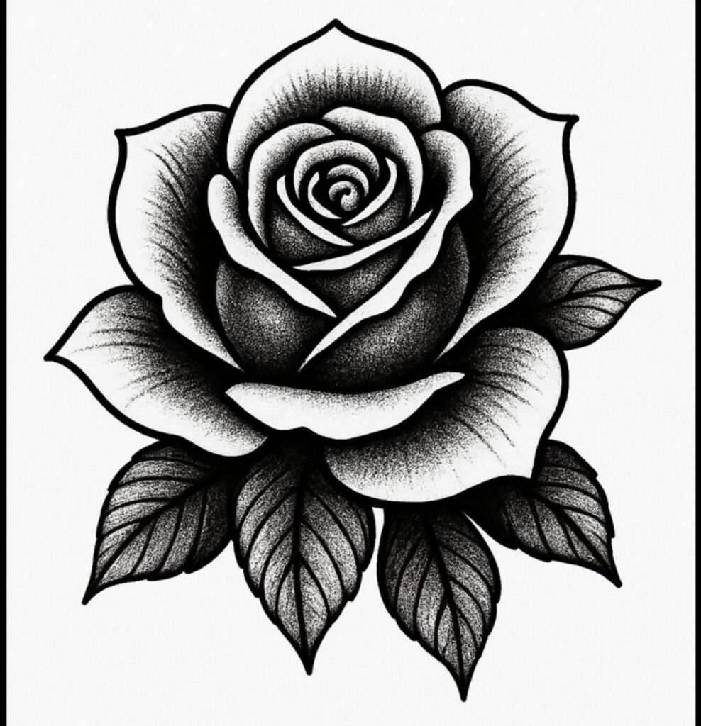 Black and white rose drawing with detailed petals and leaves on white background