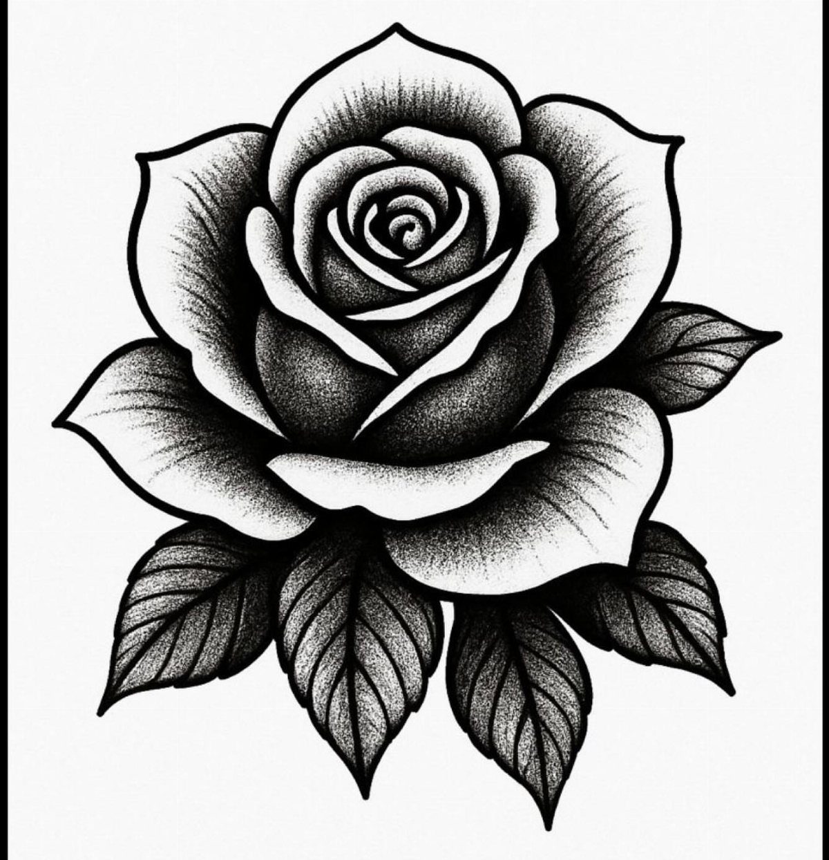 Black and white rose drawing with detailed petals and leaves on white background
