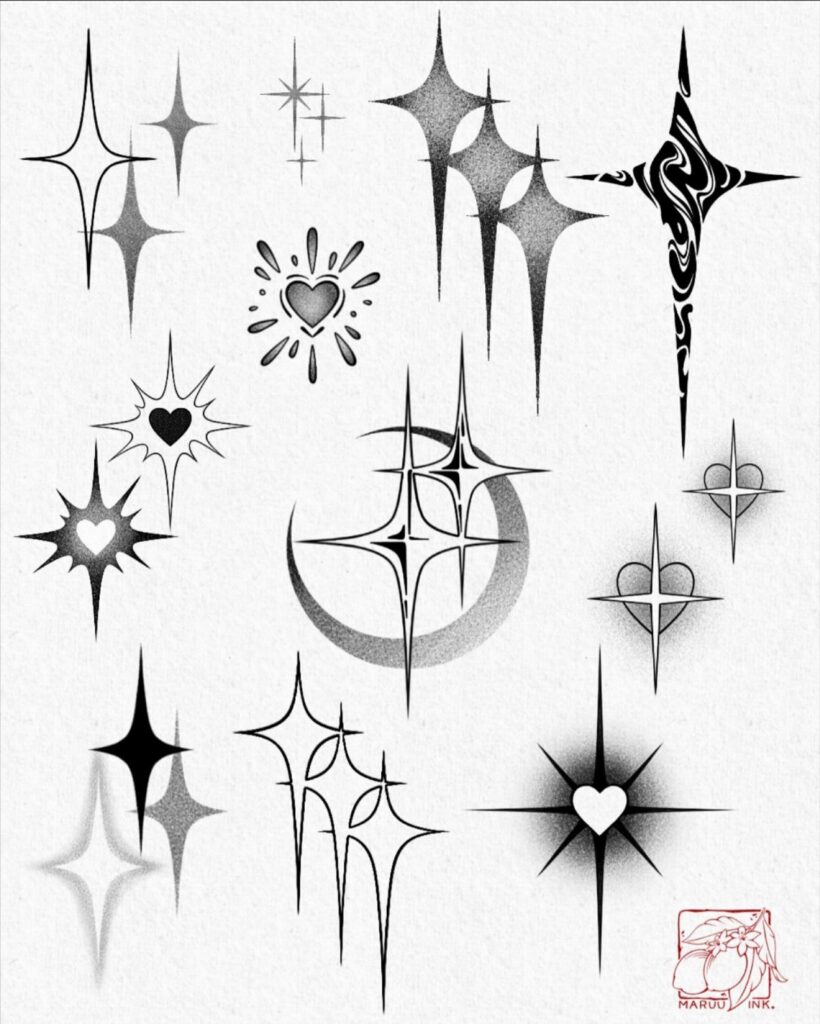 Various black and grey star tattoo designs and stencils on a white background.