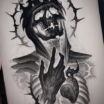 Crowned skull wearing a hood with a skeletal hand and heart in pencil drawing.