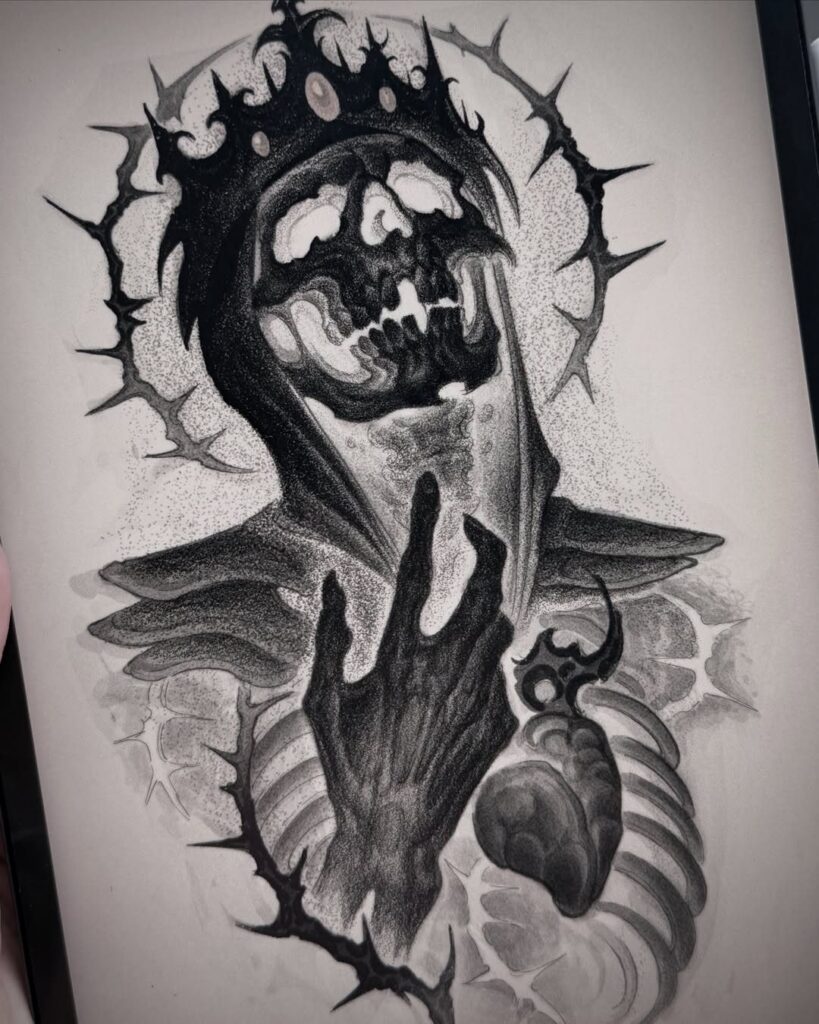 Crowned skull wearing a hood with a skeletal hand and heart in pencil drawing.