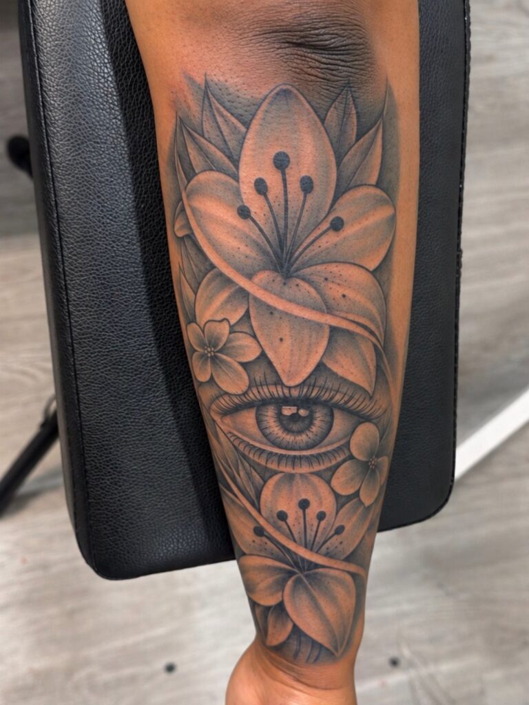 Black and gray tattoo of a lily and an eye on a forearm
