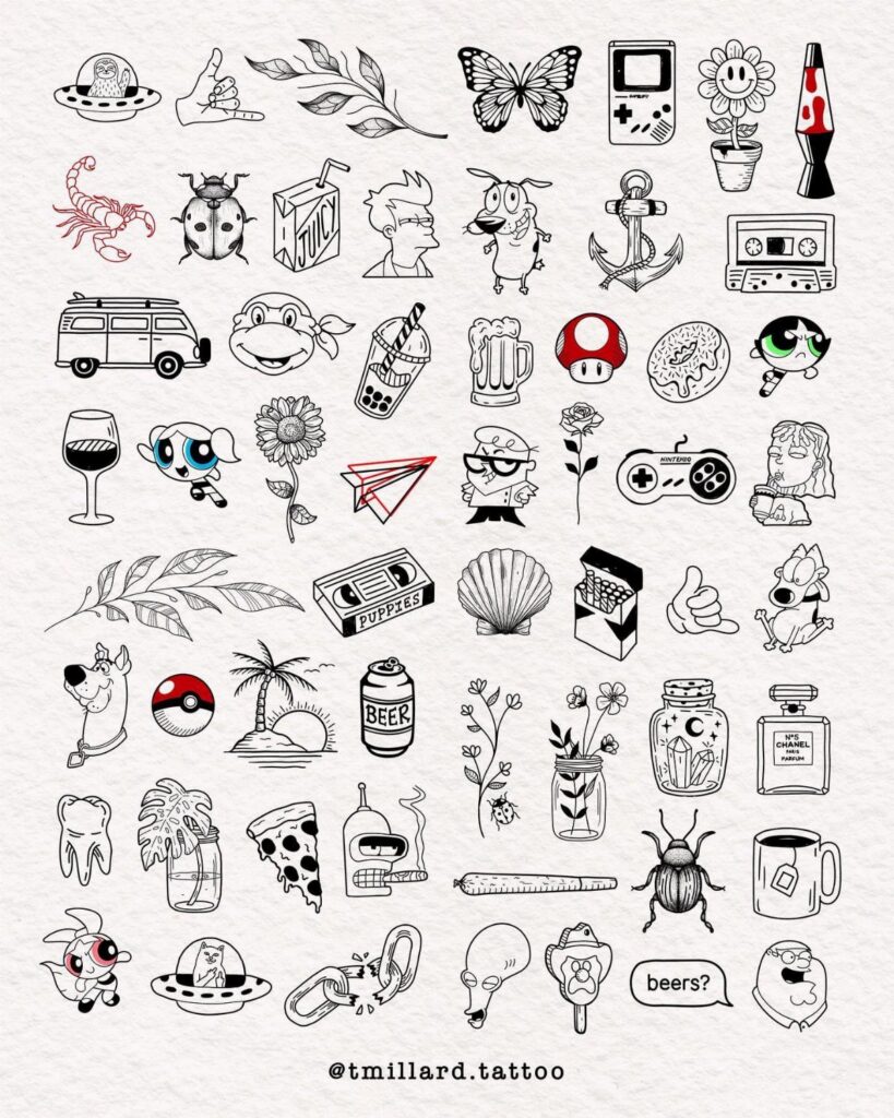 Various small black ink tattoo designs sketched on white textured paper.