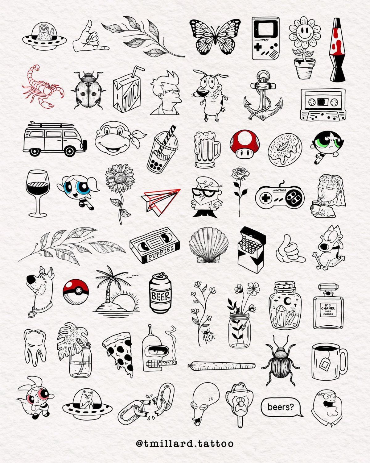 Various small black ink tattoo designs sketched on white textured paper.