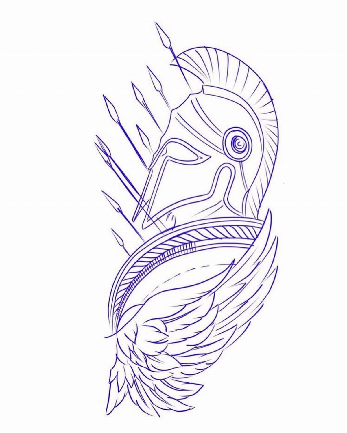 Spartan helmet and shield tattoo stencil drawing in blue ink on white paper
